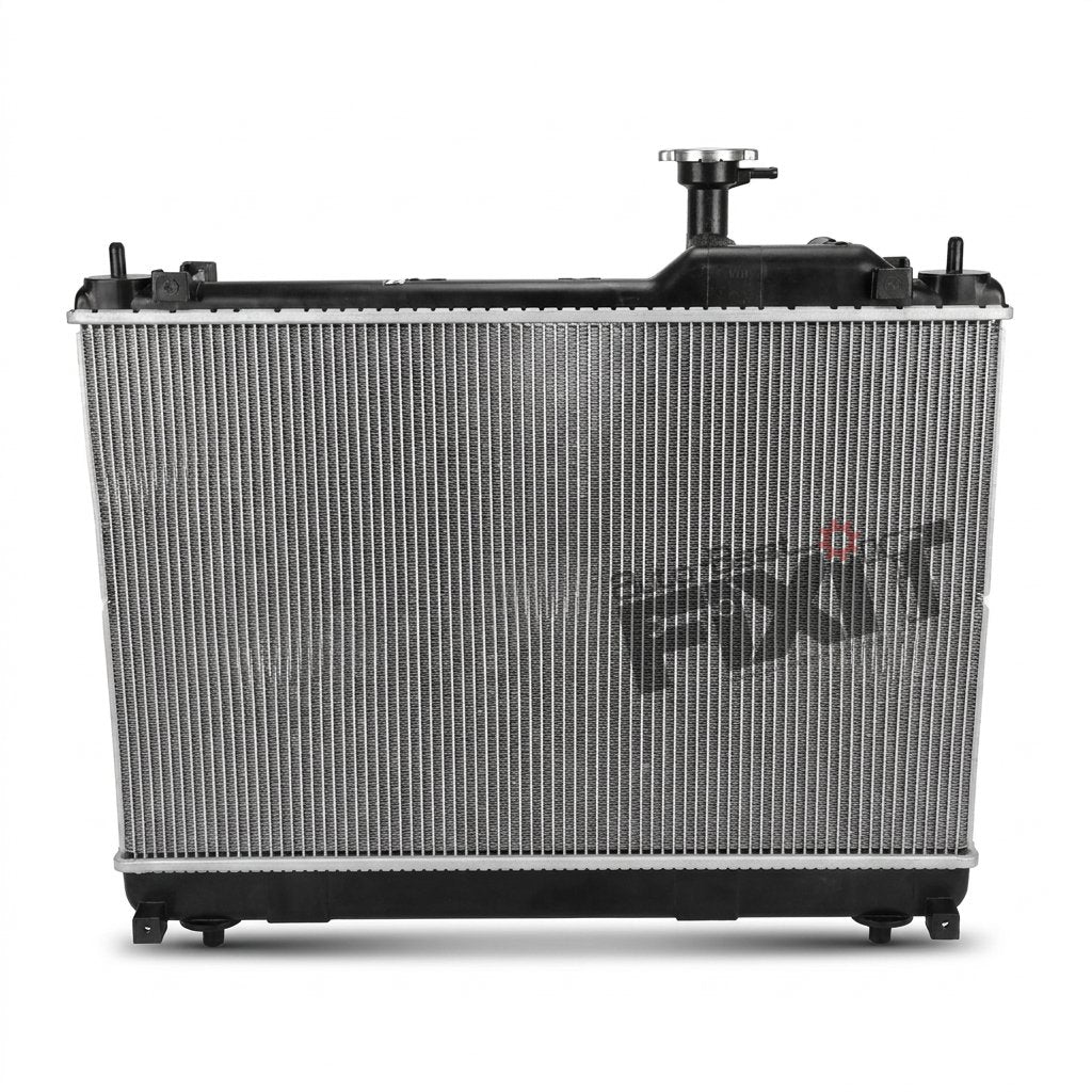 High-performance radiator assy replacement for Ertiga 2nd Gen 2022-Now / Xl6 1st Gen 2022-Now showing heavy-duty connector pins and clean unit housing assembly.