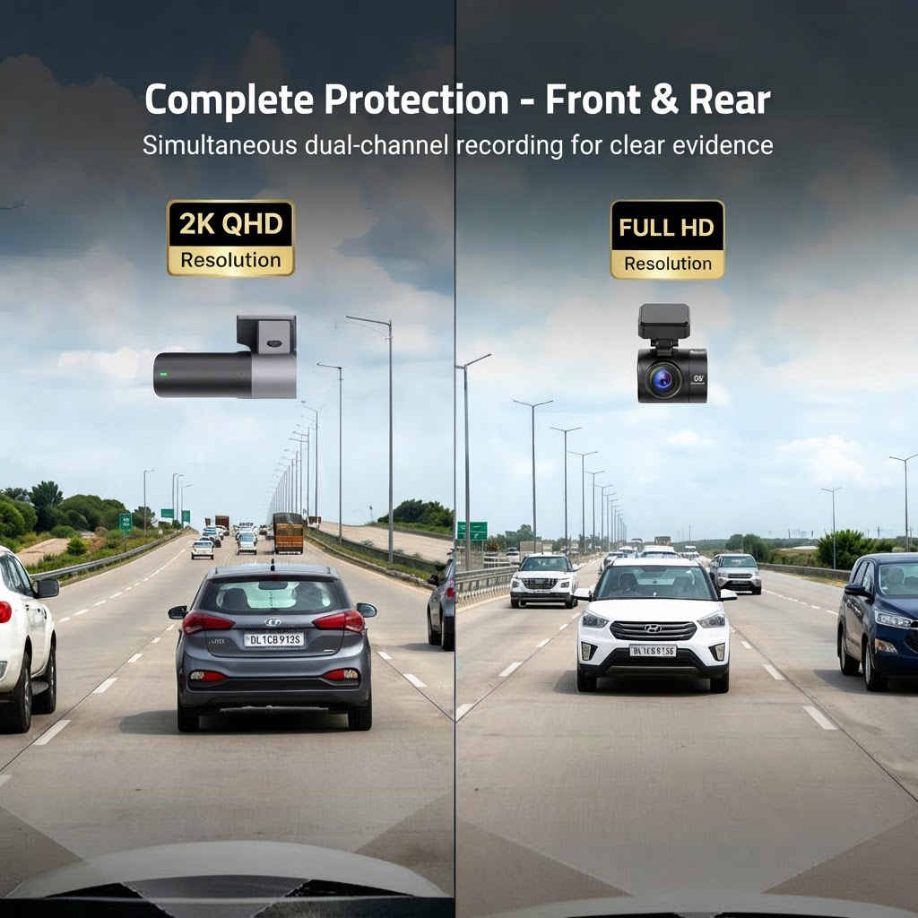 Qubo dashcam front and rear cameras recording simultaneous 2K and Full HD footage on highway