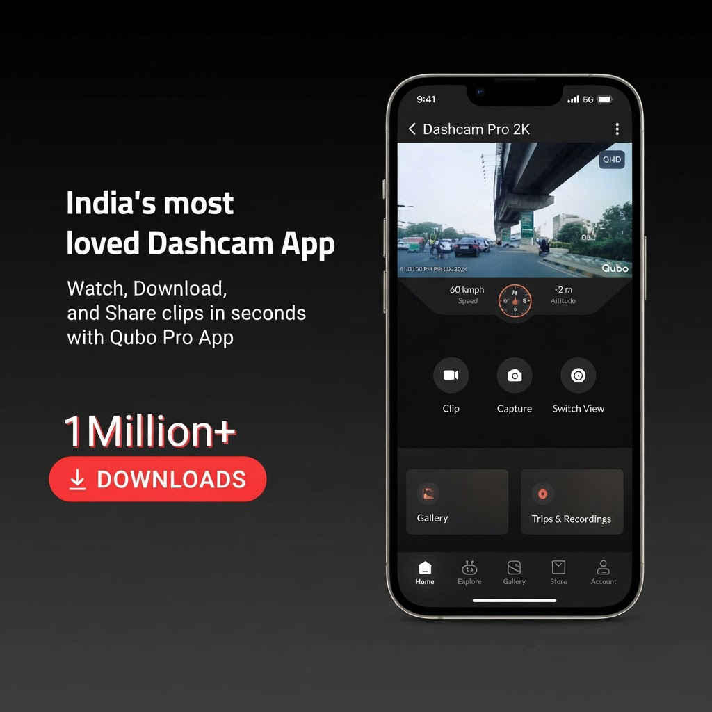 Qubo Pro App home screen showing 1 million plus downloads and live dashcam preview
