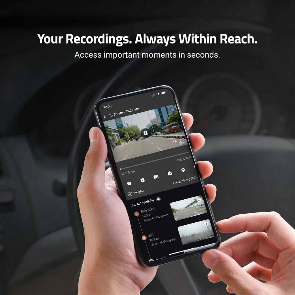 Hand holding smartphone with Qubo app playing back dashcam recording with AI event tags
