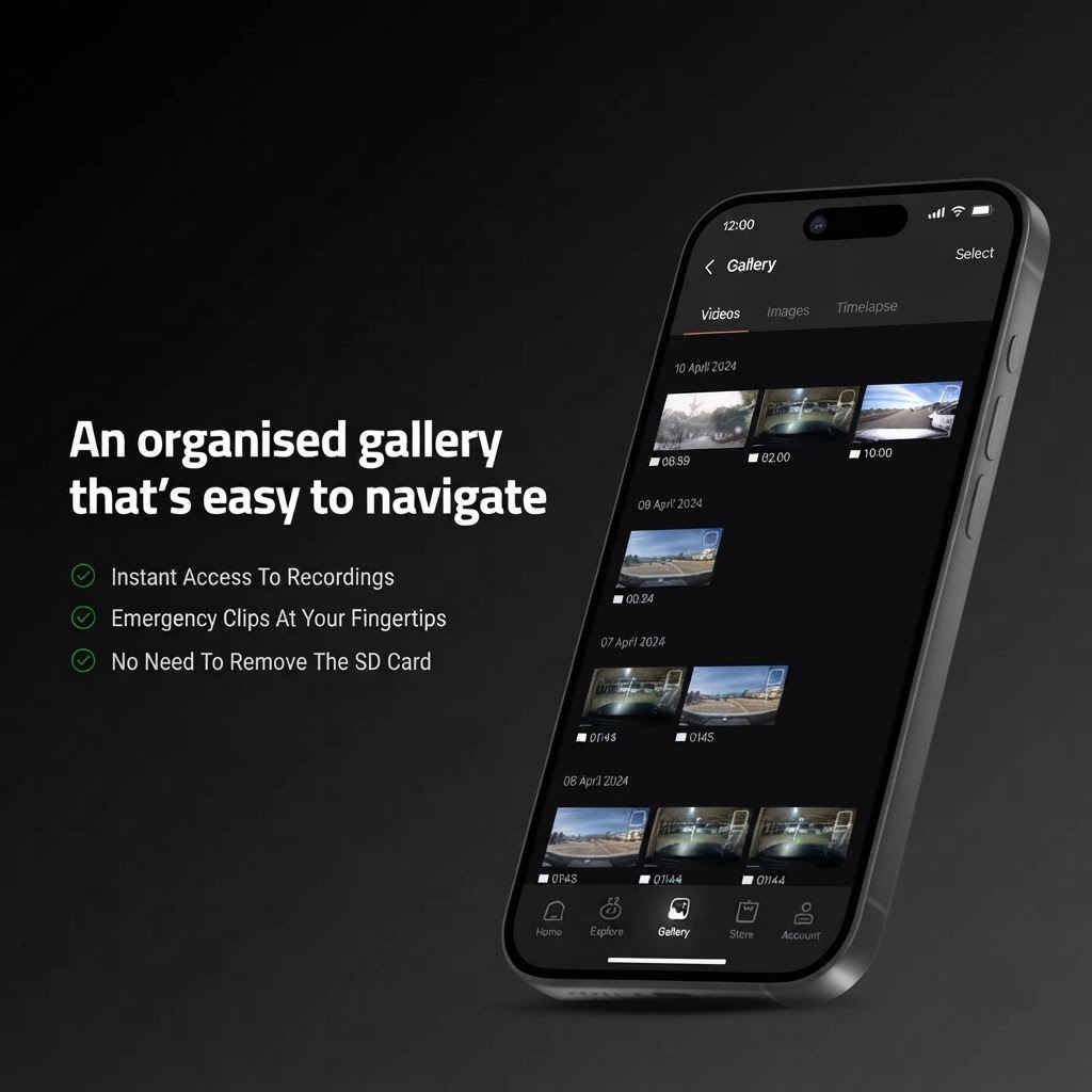 Qubo Pro App gallery screen displaying organised video, image and timelapse recordings