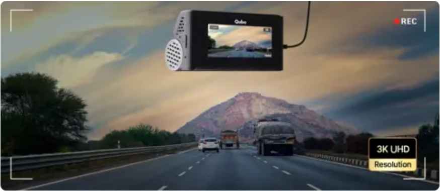 QUBO 3K Front and Rear Dash Cam package contents including cables and mounts