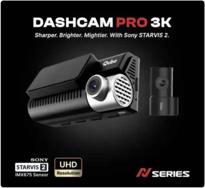 QUBO 3K Front and Rear Dash Cam with STARVIS-2 sensor, front view of the dual camera unit