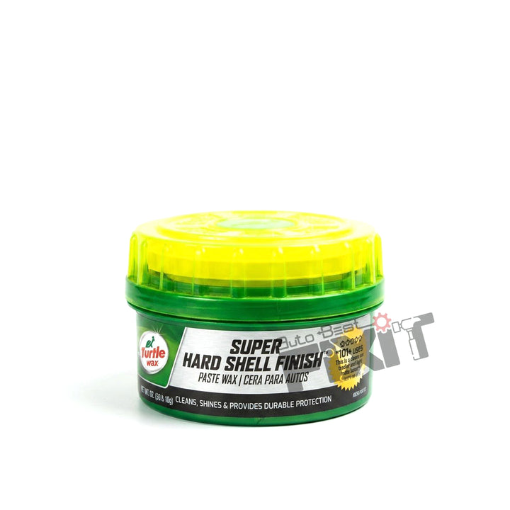 A jar of Turtle Wax Super Hard Shell Finish Paste Wax with a green body, yellow lid, and white label, shown on a white background with a faint watermark.