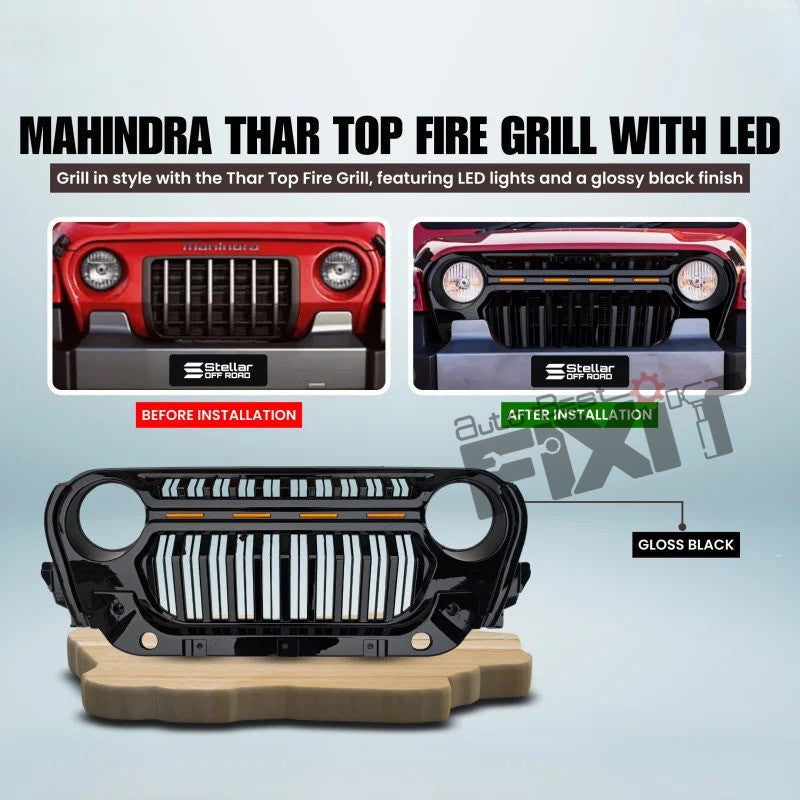 AutoStylenn Mahindra Thar Top Fire Grill With LED Matt Black Gloss Black For MAHINDRA THAR Compatible with MAHINDRA Thar Vehicle_2