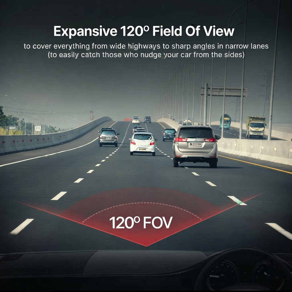 Qubo dashcam 120-degree wide field of view capturing highway traffic from multiple lanes