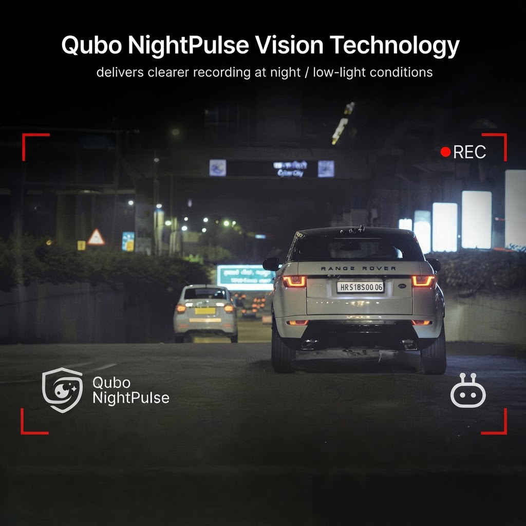 Qubo NightPulse vision technology capturing clear night-time footage of car and number plate