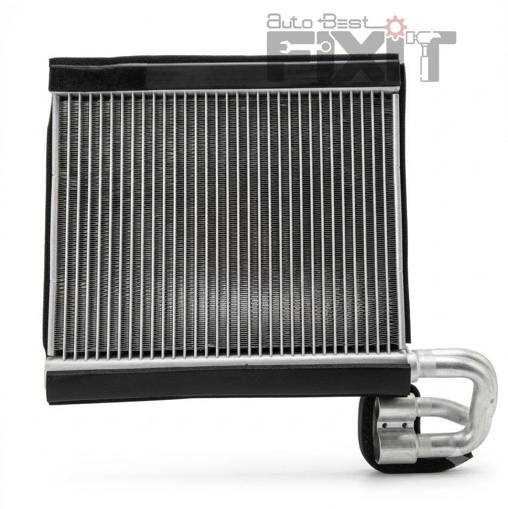A black and silver automotive radiator core with a metal hose connection, shown on a white background with an Auto Best Fixit watermark.