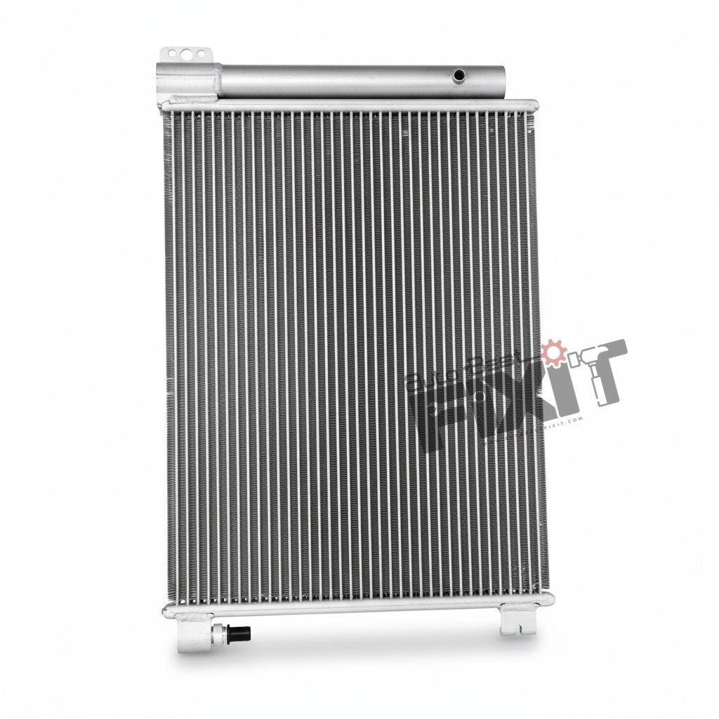 High-performance condenser replacement for Pulse 2012-2018 / Micra 2010-2019 / Sunny 2011-2021 showing heavy-duty connector pins and clean unit housing assembly.
