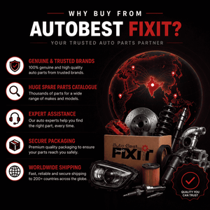 AutoBest FixIt brand trust infographic highlighting genuine and trusted brands, huge spare parts catalogue, expert assistance, secure packaging, and worldwide shipping to over 200 countries.