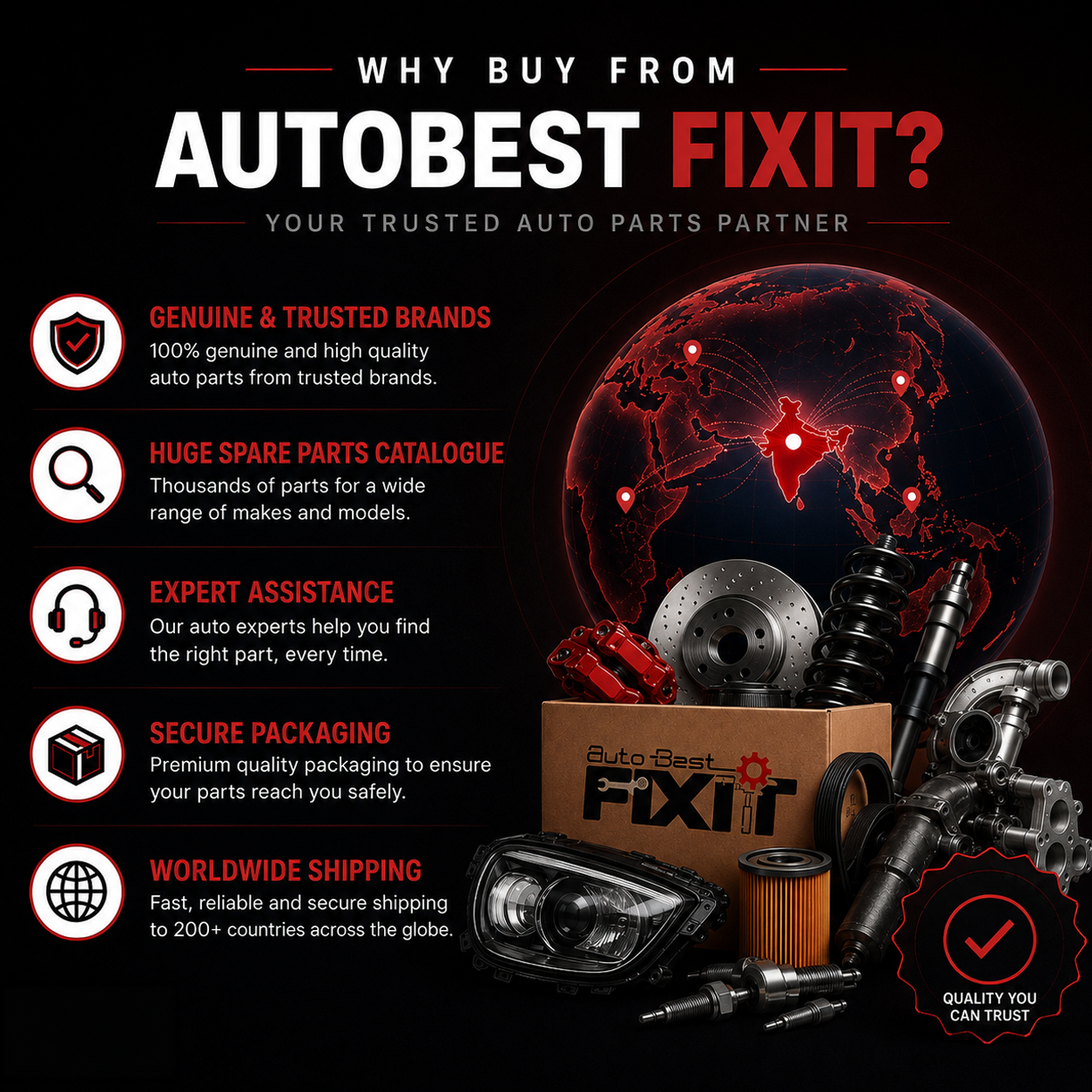 Why buy from AutoBest FixIt — genuine parts, huge catalogue, expert help, secure packaging, worldwide shipping.