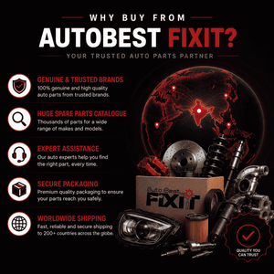 AutoBest FixIt brand trust infographic highlighting genuine and trusted brands, huge spare parts catalogue, expert assistance, secure packaging, and worldwide shipping to over 200 countries.