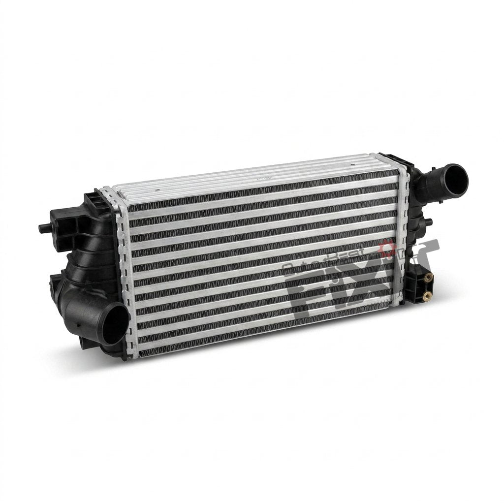 High-performance swift dezire intercooler/chargeair cooler | maruti ertiga 2nd gen (2018 replacement for 2020), Swift 3rd Gen (2018-2020), Swift Dzire 3rd Gen (2017-2020) Diesel showing heavy-duty connector pins and clean unit housing assembly.