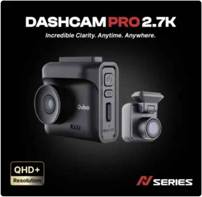QUBO 2.7K Front and Rear Dash Cam, front view of the dual camera unit