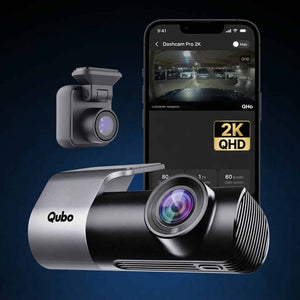 Qubo Dashcam Pro 2K QHD with rear camera and mobile app showing live parking view