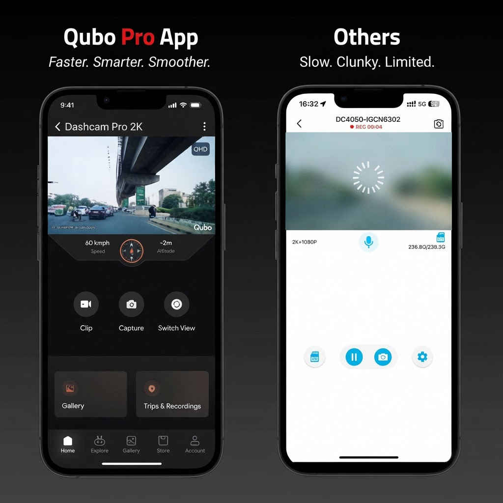 Qubo Pro App interface comparison showing faster smoother controls versus a competitor app