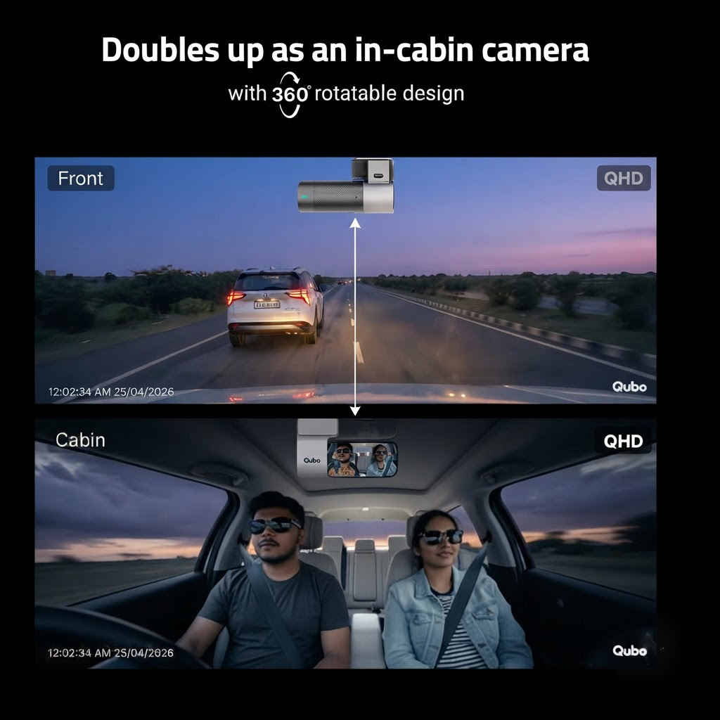 Qubo dashcam 360-degree rotatable design showing front road view and in-cabin passenger view