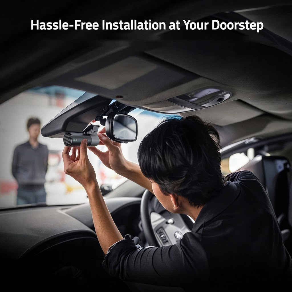 Technician installing Qubo dashcam on car windshield during at-home installation service