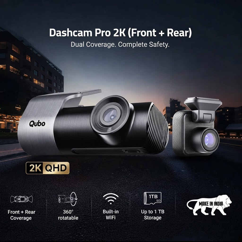 Qubo Dashcam Pro 2K front and rear dual camera kit with WiFi and up to 1TB storage