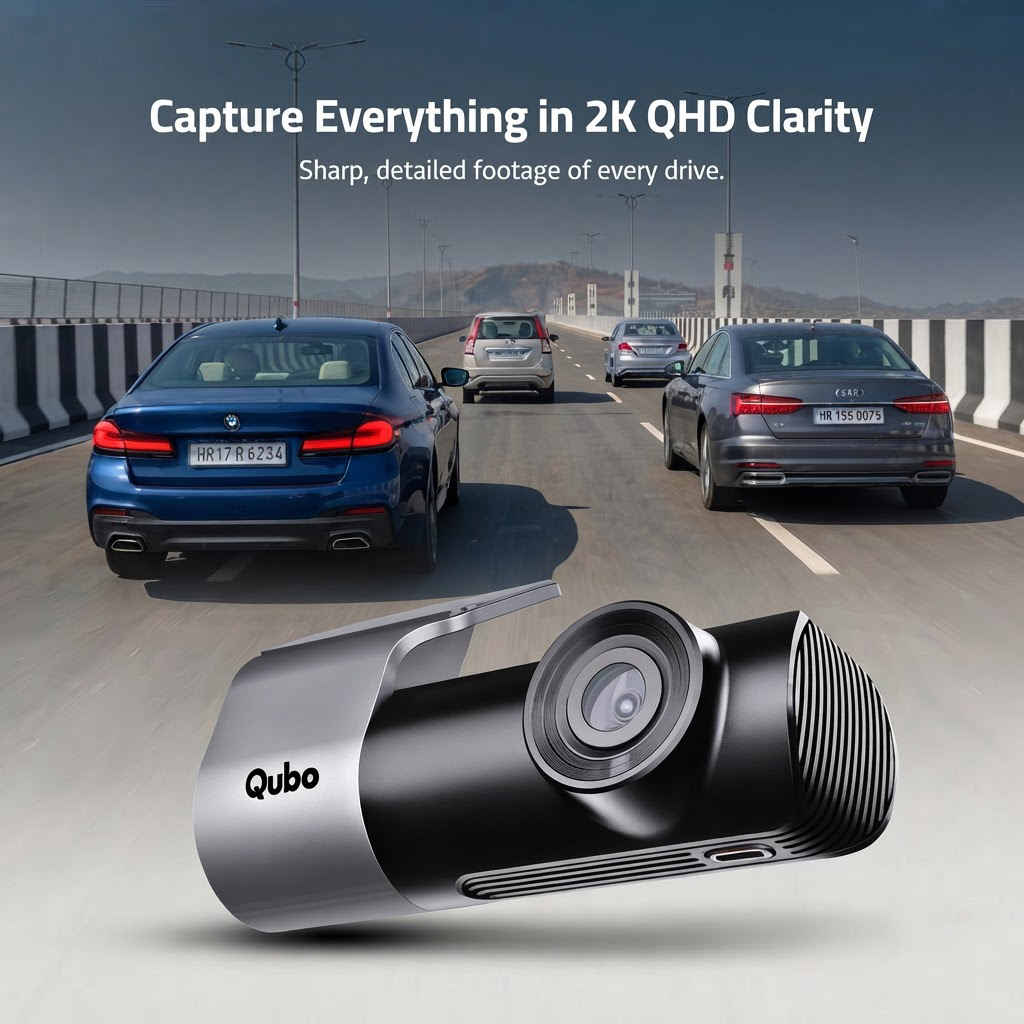 Qubo dashcam mounted on windshield capturing sharp 2K QHD footage of highway traffic
