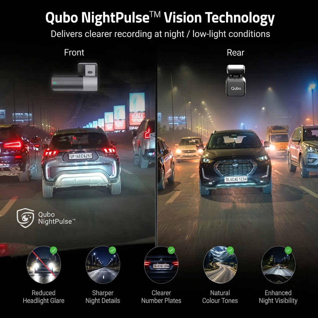 Qubo NightPulse vision technology showing clear night-time footage with reduced headlight glare