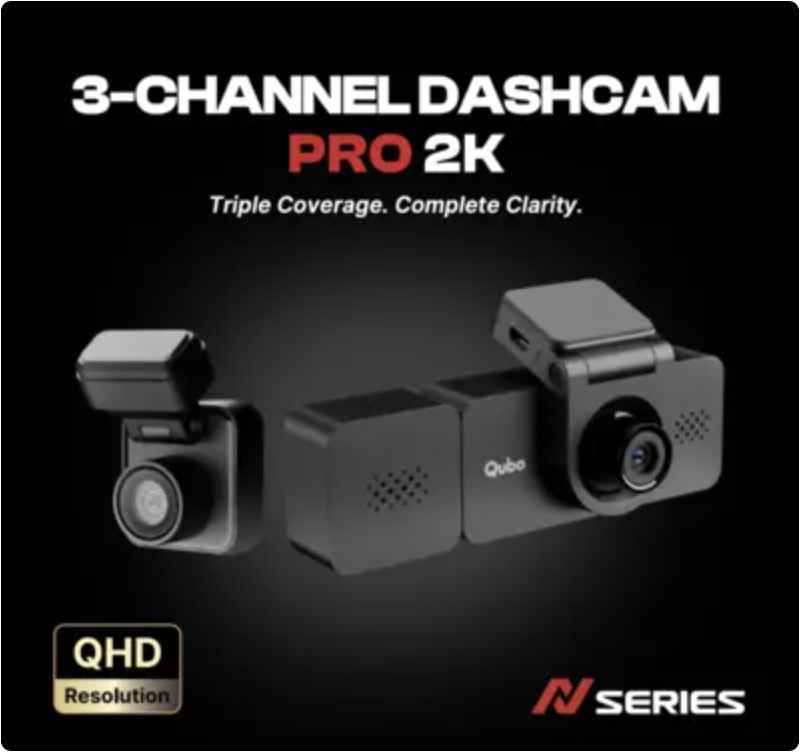 QUBO Trio 3-Channel 2K Pro Dash Cam showing front, rear and cabin camera units