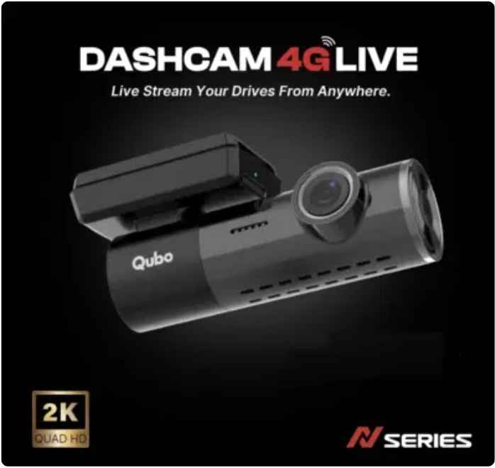 QUBO 4G Live Streaming Dash Cam, front view of the camera unit