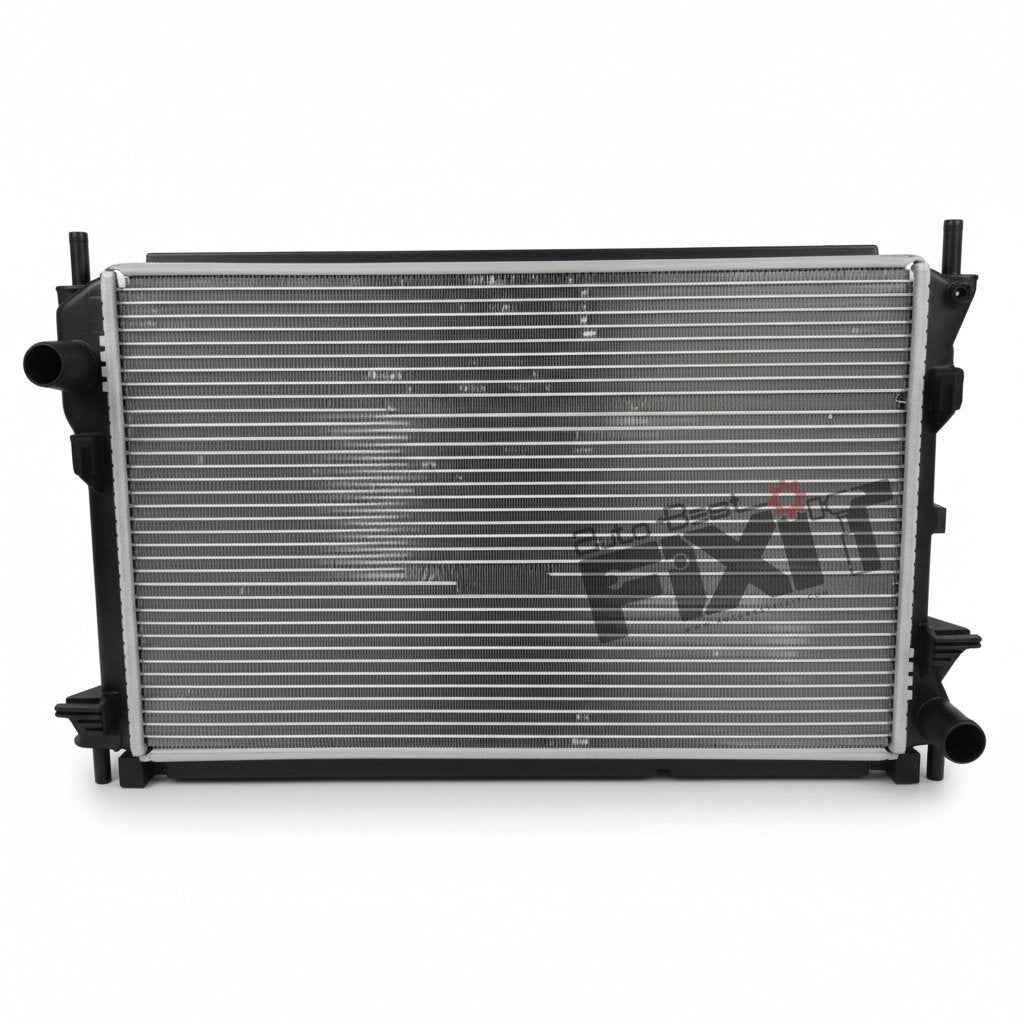 High-performance radiator asy sigma replacement for Fiesta 2005-2015 Petrol / Figo 1st Gen 2010-2015 Petrol showing heavy-duty connector pins and clean unit housing assembly.