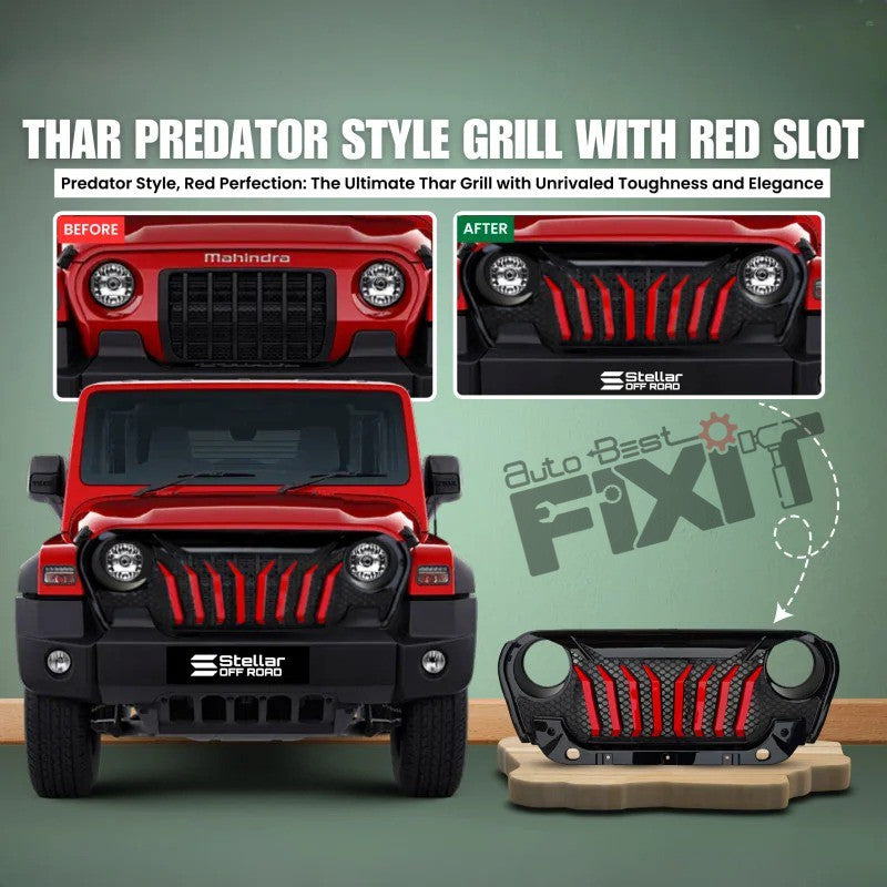 AutoStylenn Mahindra Thar Predator Style Front Grill With Red Slot For MAHINDRA THAR Compatible with MAHINDRA Thar Vehicle_2