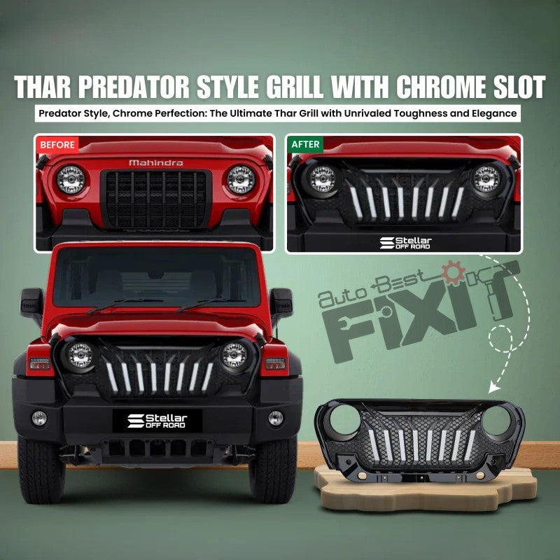 AutoStylenn Mahindra Thar Predator Style Front Grill With Chrome For MAHINDRA THAR Compatible with MAHINDRA Thar Vehicle_3
