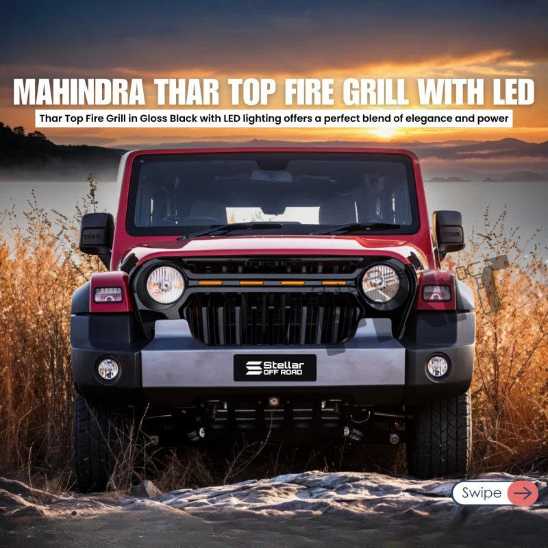 AutoStylenn Mahindra Thar Top Fire Grill With LED Matt Black Gloss Black For MAHINDRA THAR Compatible with MAHINDRA Thar Vehicle_3