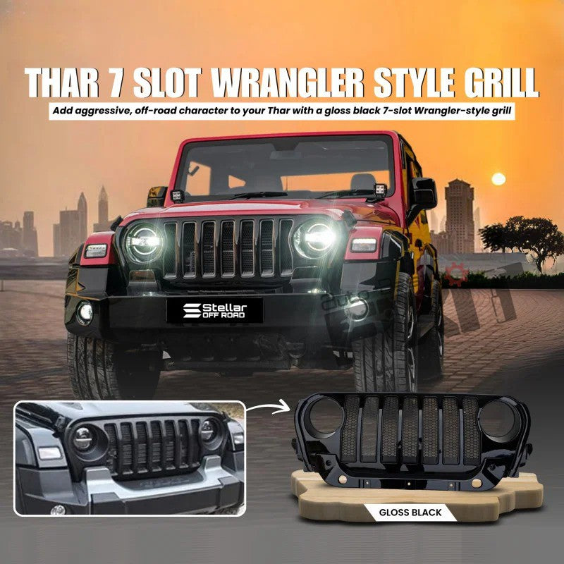 AutoStylenn Mahindra Thar Wrangler Style 7-Slot ABS Front Grill Gloss Black For MAHINDRA THAR Compatible with MAHINDRA Thar Vehicle_4