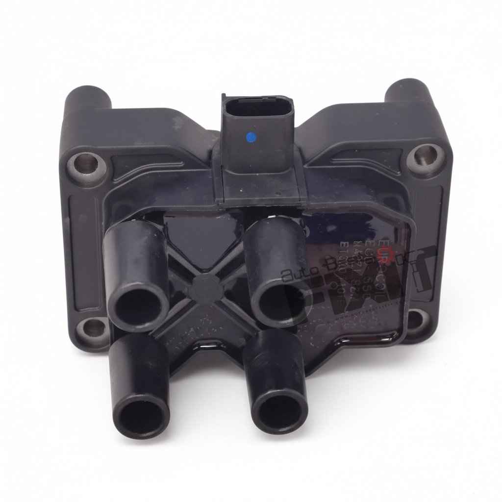High-performance ignition coil replacement for Aspire 1st Gen 2015-2018 / Ecosport 2013-2017 / Fiesta 2005-2014 / Figo 2010-2019 / Fusion 2004-2010 / Ikon 1999-2011 showing heavy-duty connector pins and clean unit housing assembly.