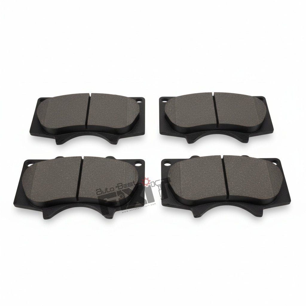 High-performance front brake pad set replacement for Fortuner 1st Gen 2009-2017 / Hilux 1st Gen 2022-Now / Land Cruiser Prado 2002-2021 showing heavy-duty connector pins and clean unit housing assembly.