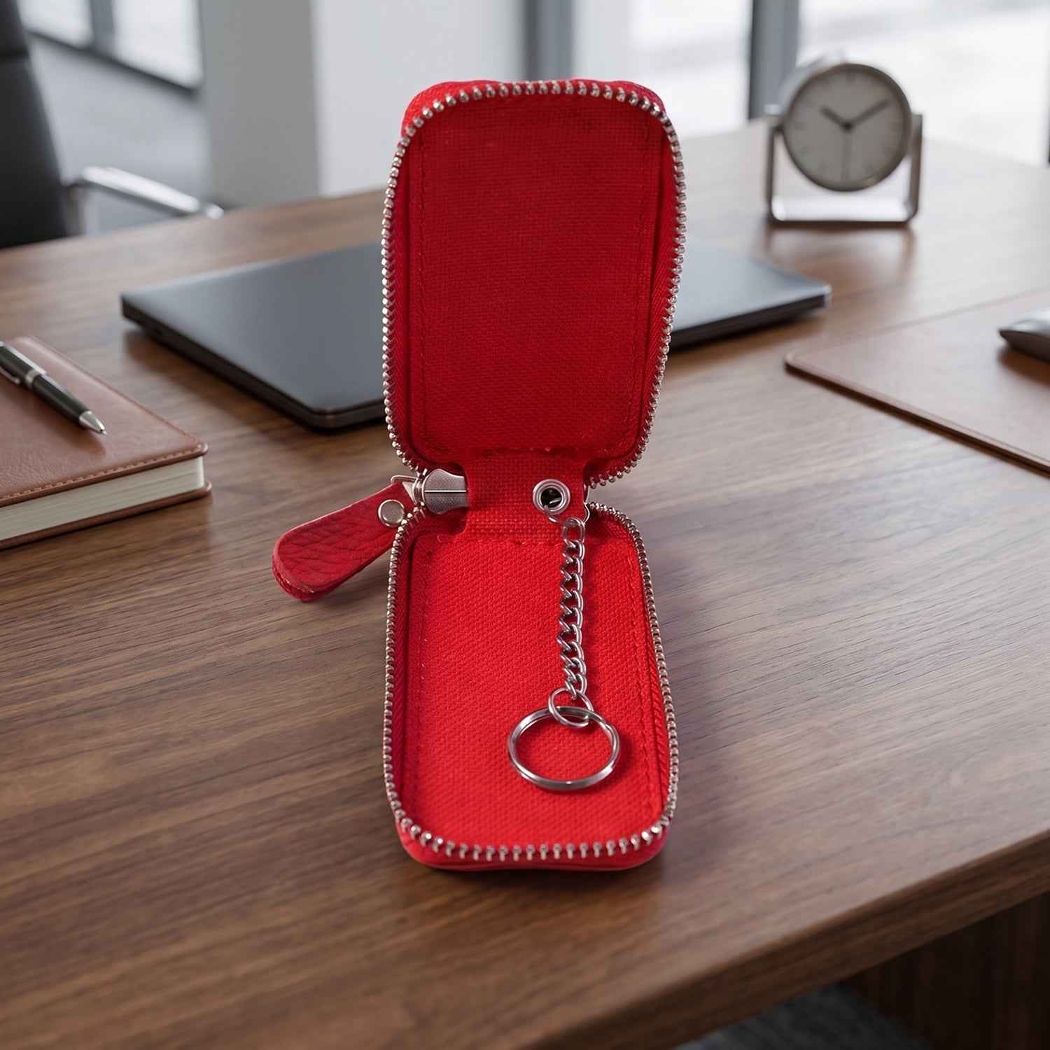 Leather Car Key Case Smart Key Holder Pouch With Zip And Snap Hook (1 Pc)