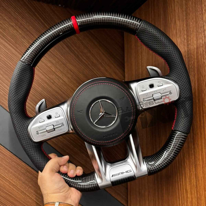 Mercedes-Benz C220 AMG Carbon Fibre Steering Wheel – Silver Trim (W205, 2016-2021) | RKNP