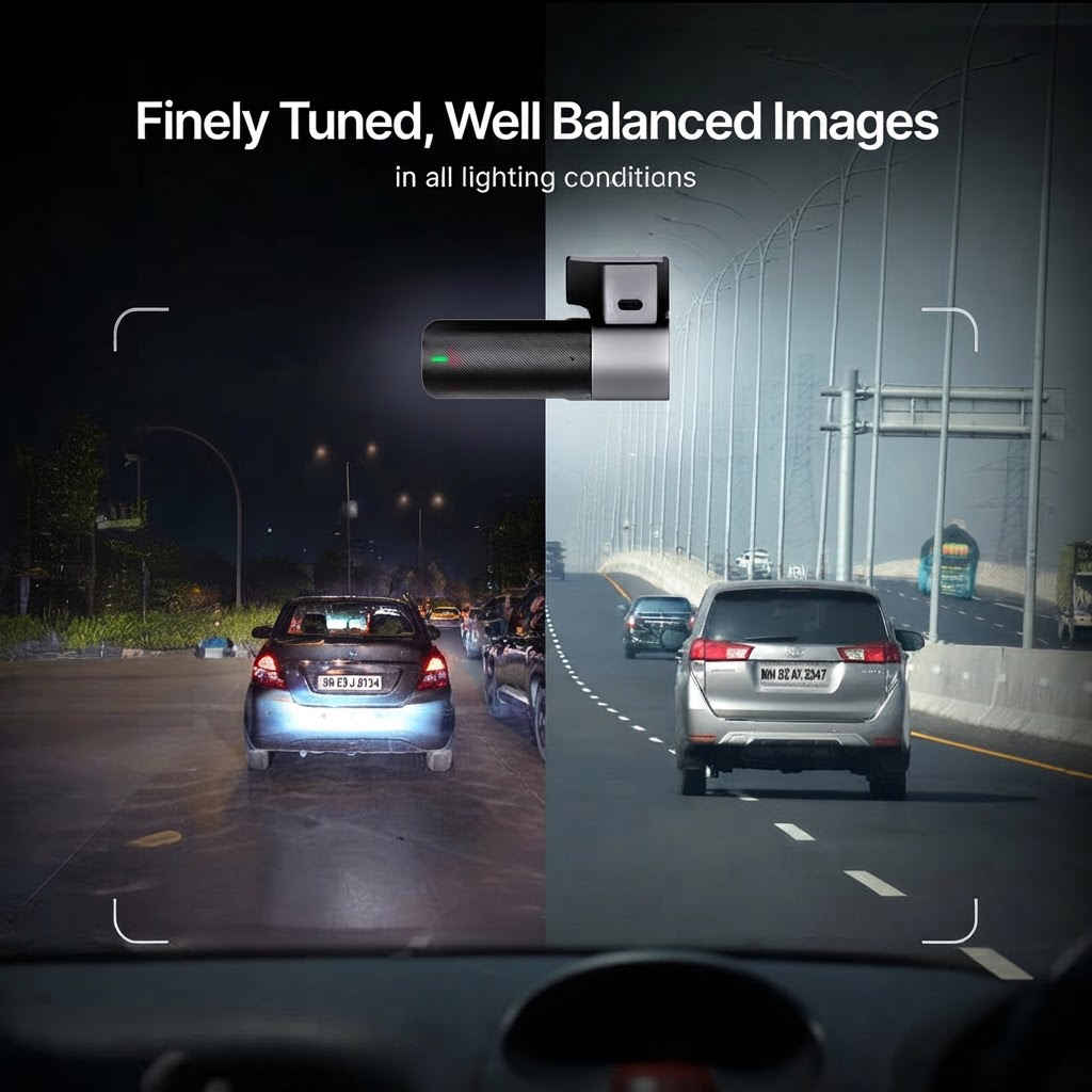Split view of Qubo dashcam footage showing balanced image quality in night and daylight