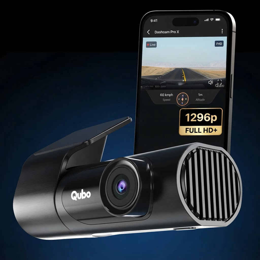 Qubo dashcam mounted on windshield with mobile app showing live 1296p Full HD+ view