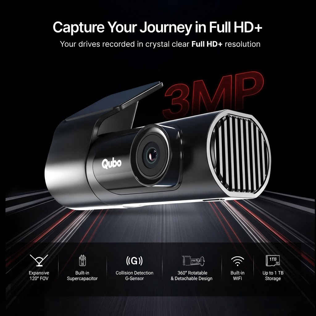 Qubo Dashcam Pro X 3MP with built-in supercapacitor, WiFi, G-sensor and up to 1TB storage