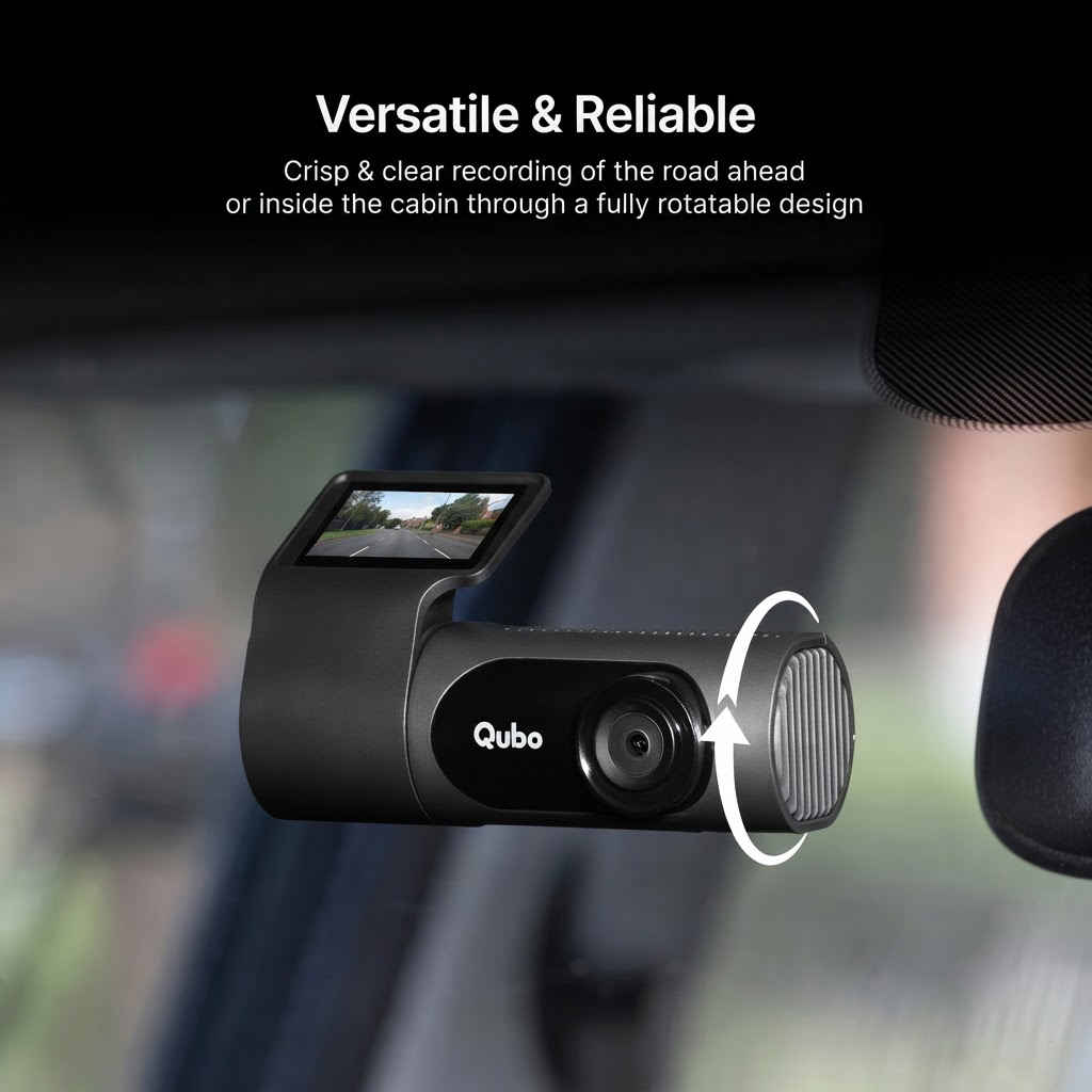 Qubo dashcam mounted on windshield showing versatile rotatable design for road or cabin view