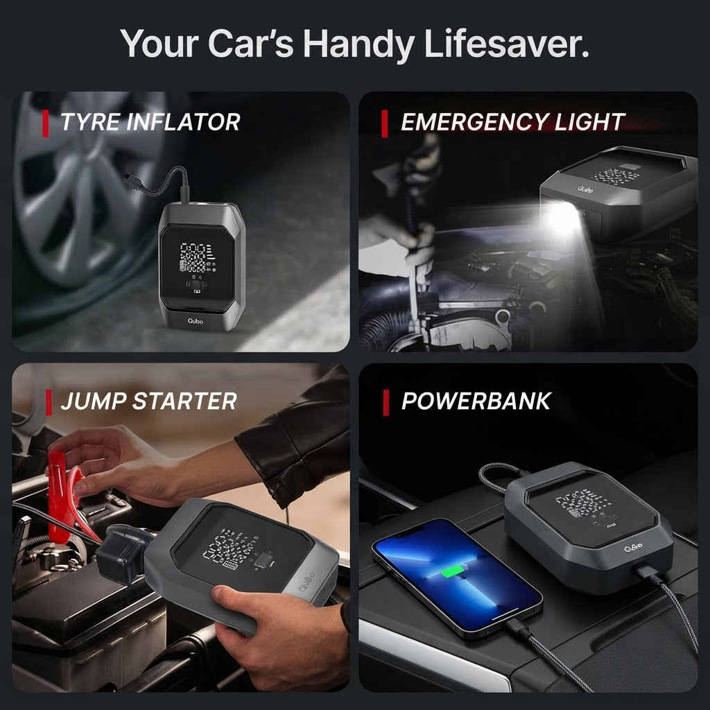 Qubo jump starter tyre inflator, emergency light, jump starter and powerbank functions collage