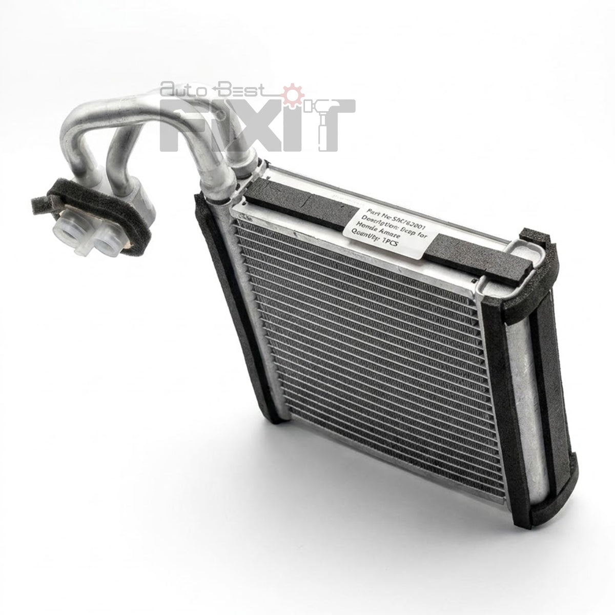 An automotive engine coolant heater core assembly with a silver aluminum radiator core, black rubber end caps, and a bent metal pipe connector with a black hose clamp, shown on a white background.
