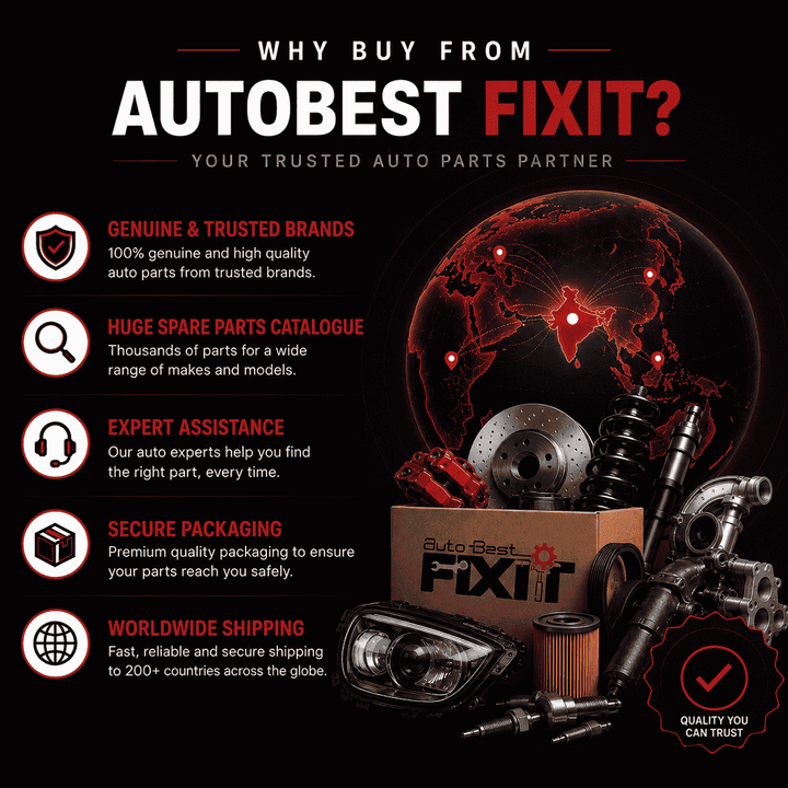 AutoBest FixIt brand trust infographic highlighting genuine and trusted brands, huge spare parts catalogue, expert assistance, secure packaging, and worldwide shipping to over 200 countries.